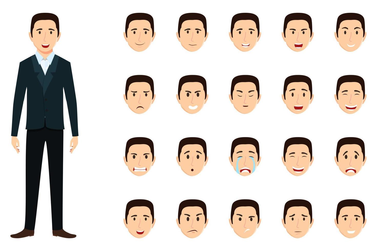 Businessman character set wearing business outfit with different facial expression and emotion sad angry happy cheerful isolated icon set vector