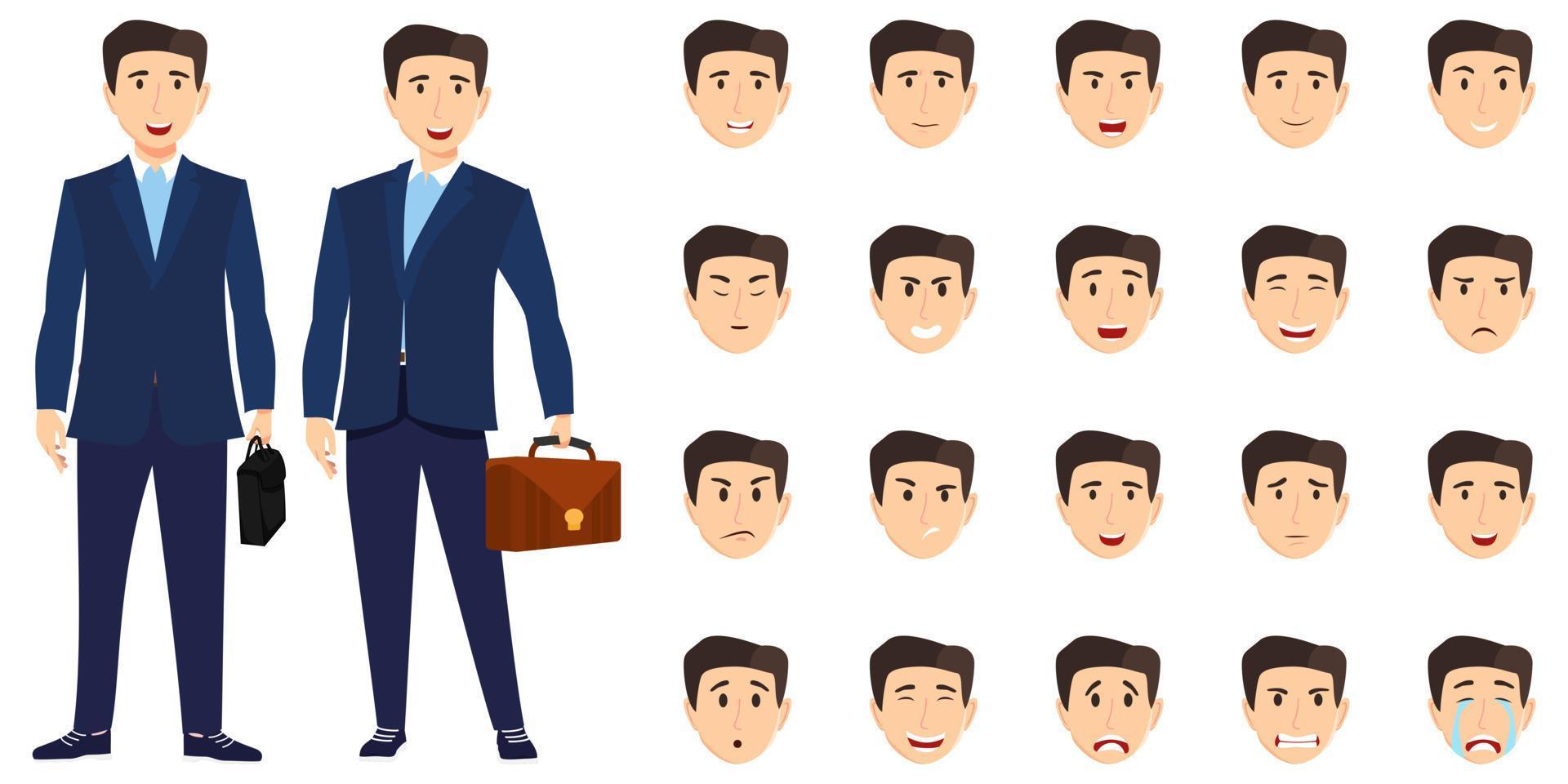 Modern businessman character set wearing business outfit with different facial expression and emotion sad angry happy unhappy posing standing cheerful isolated icon set vector