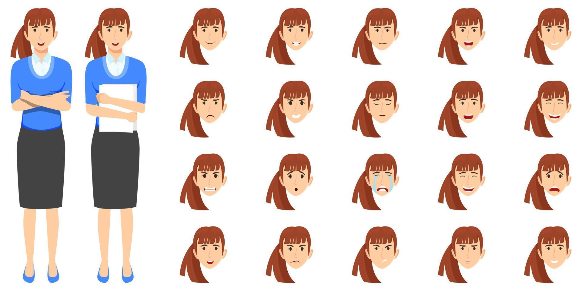 Businesswoman character set wearing business outfit with different facial expression and emotion sad angry happy excited unhappy cry cheerful posing standing isolated icon set vector