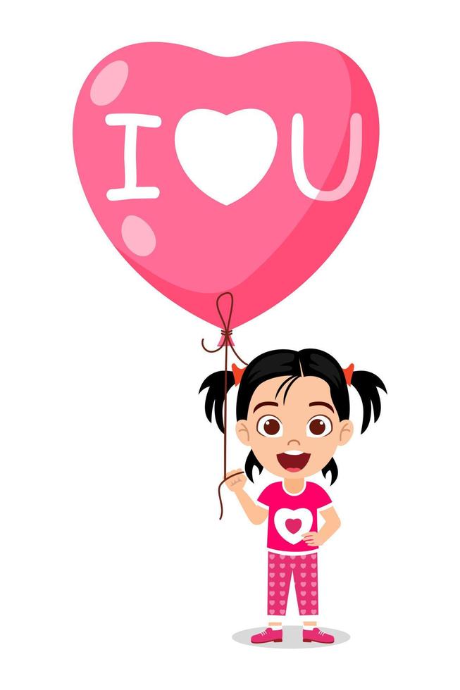 Happy cute kid girl character standing and holding hart shape love balloon vector