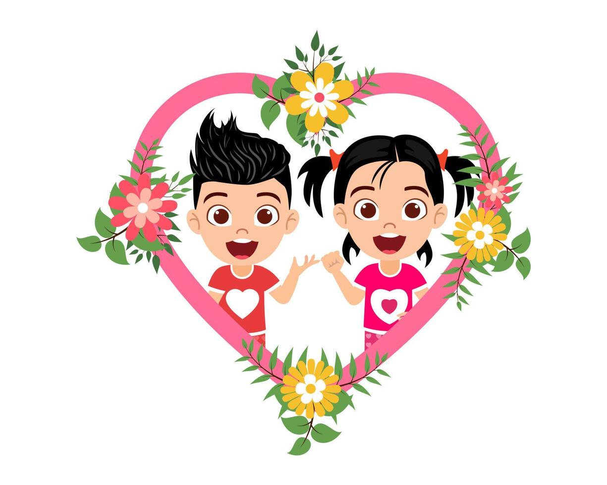 Happy cute kid boy and girl character avatar in hart shape frame with flowers together vector