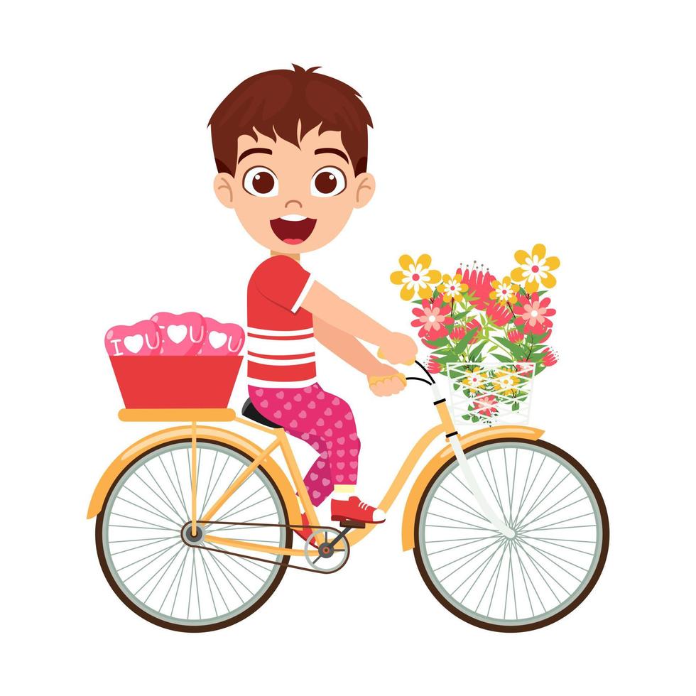 lindo, hermoso, feliz, niño, niño, carácter, andar en bicicleta, con, flores vector