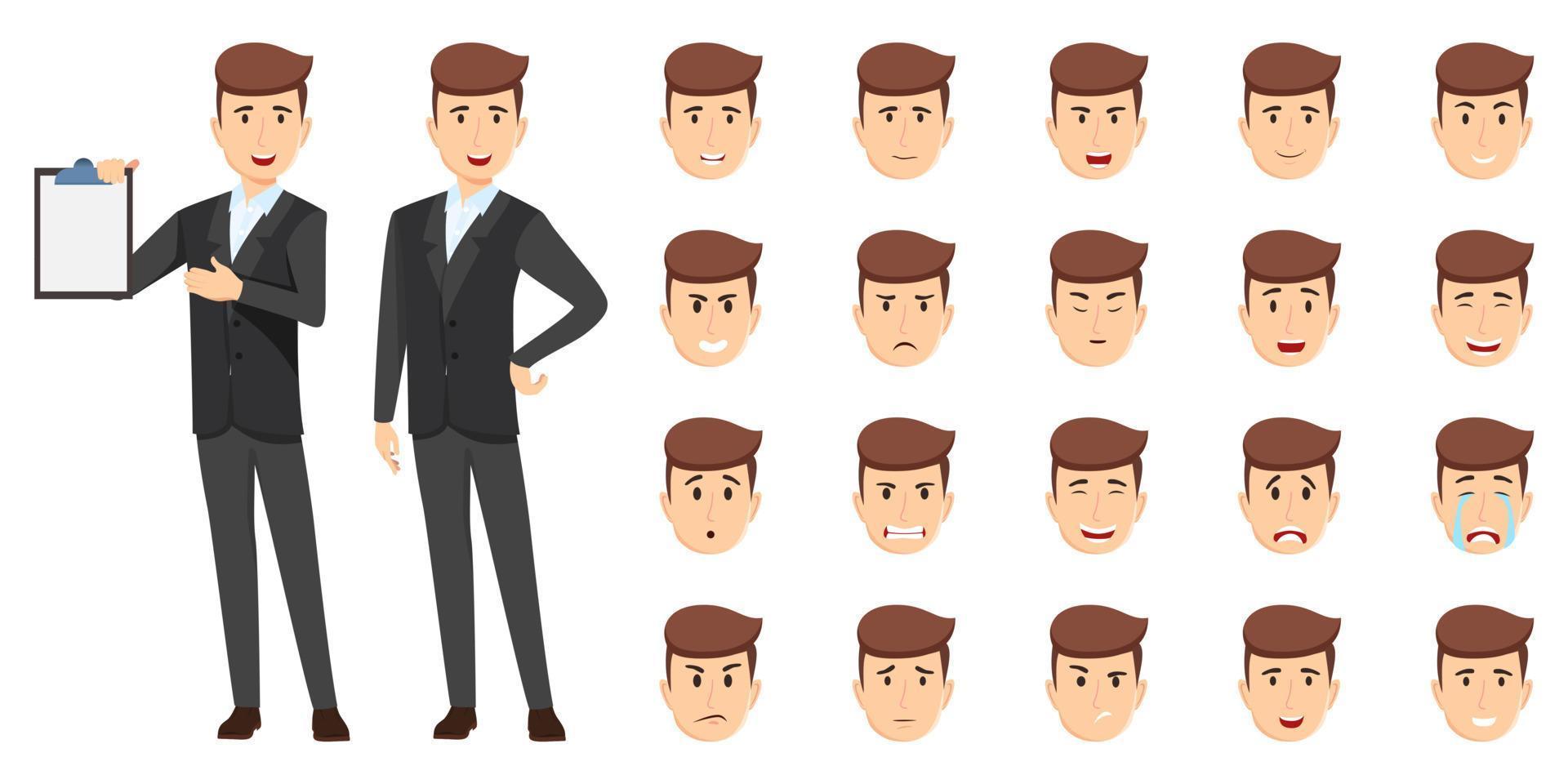 Modern businessman character set wearing business outfit with different facial expression and emotion sad angry happy unhappy cry posing standing cheerful isolated icon set vector