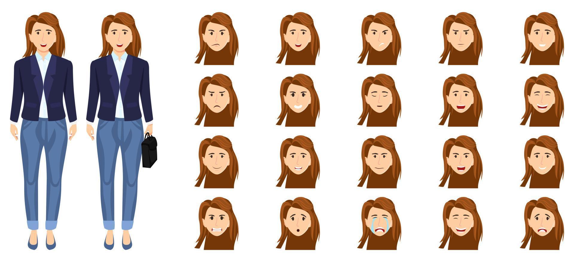Businesswoman character set wearing business outfit with different facial expression and emotion sad angry happy cheerful isolated icon set vector