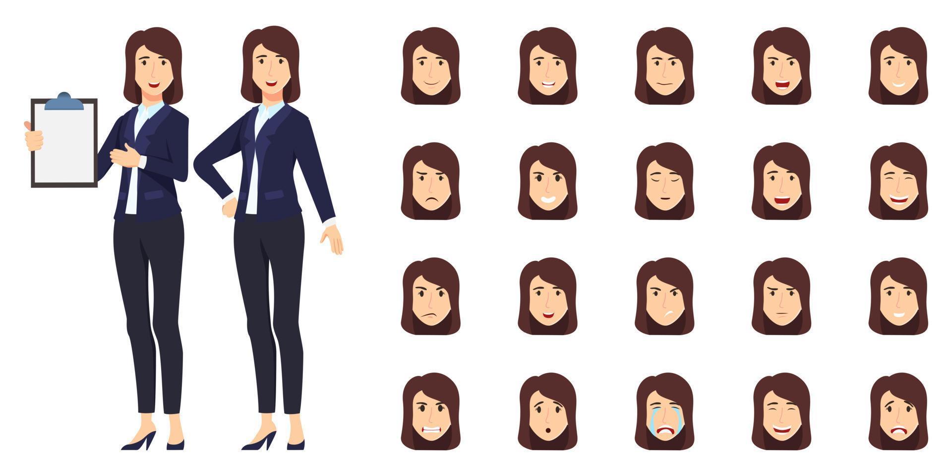 Businesswoman character set wearing business outfit with different facial expression and emotion sad angry happy excited cheerful isolated icon set vector