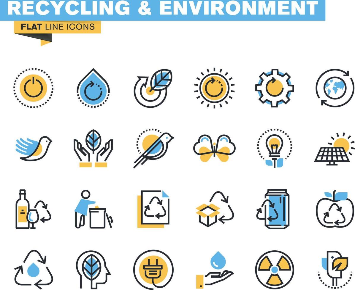 Flat line icons set of recycling, renewable energy and technology, environment vector