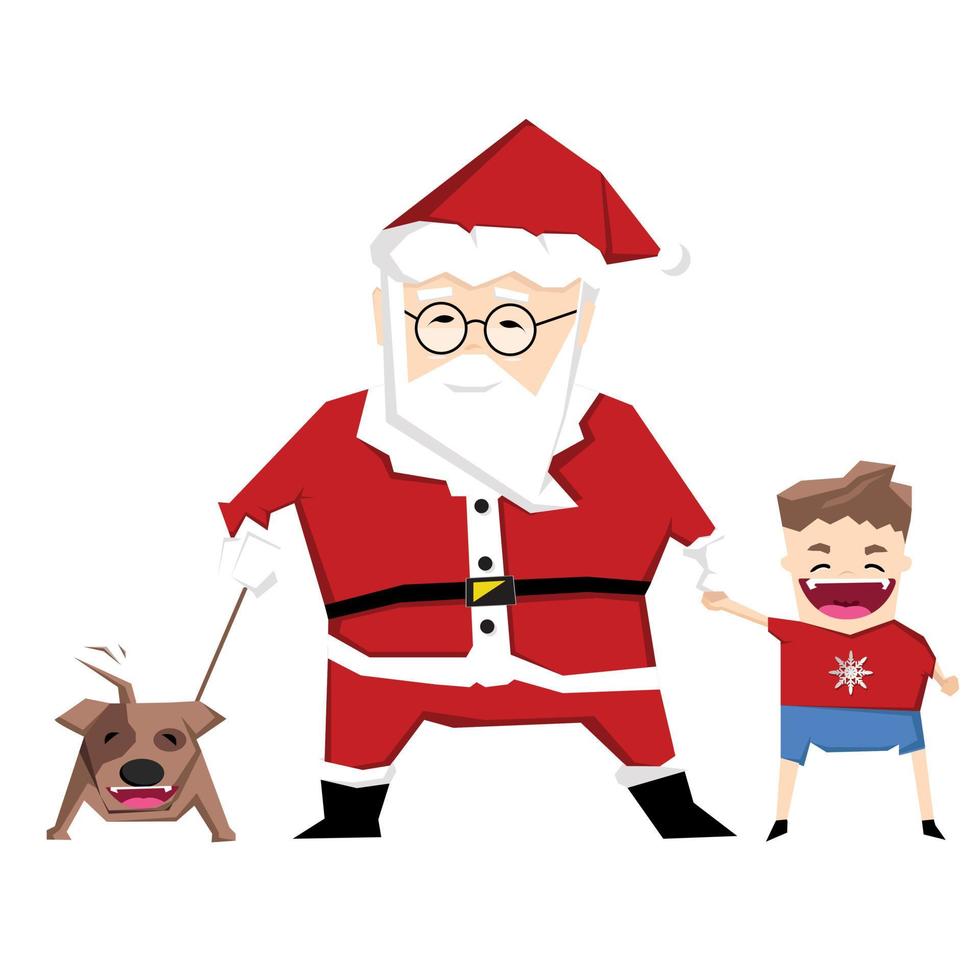 Santa claus hand in hand with child and dog vector