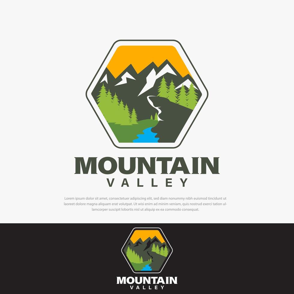 Illustration of mountain outdoor adventure in flat colored natural valley.Hexagon badge vector. Outline design framework. Landscape icon. Landscape line art. Nature icon. environmental logos. vector