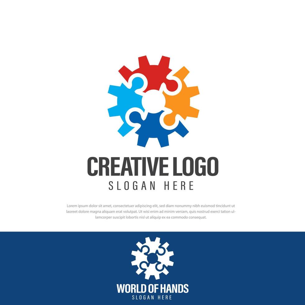 Gear shape puzzle logo design, human resources, team work, circular symbol, puzzle. basic concept vector