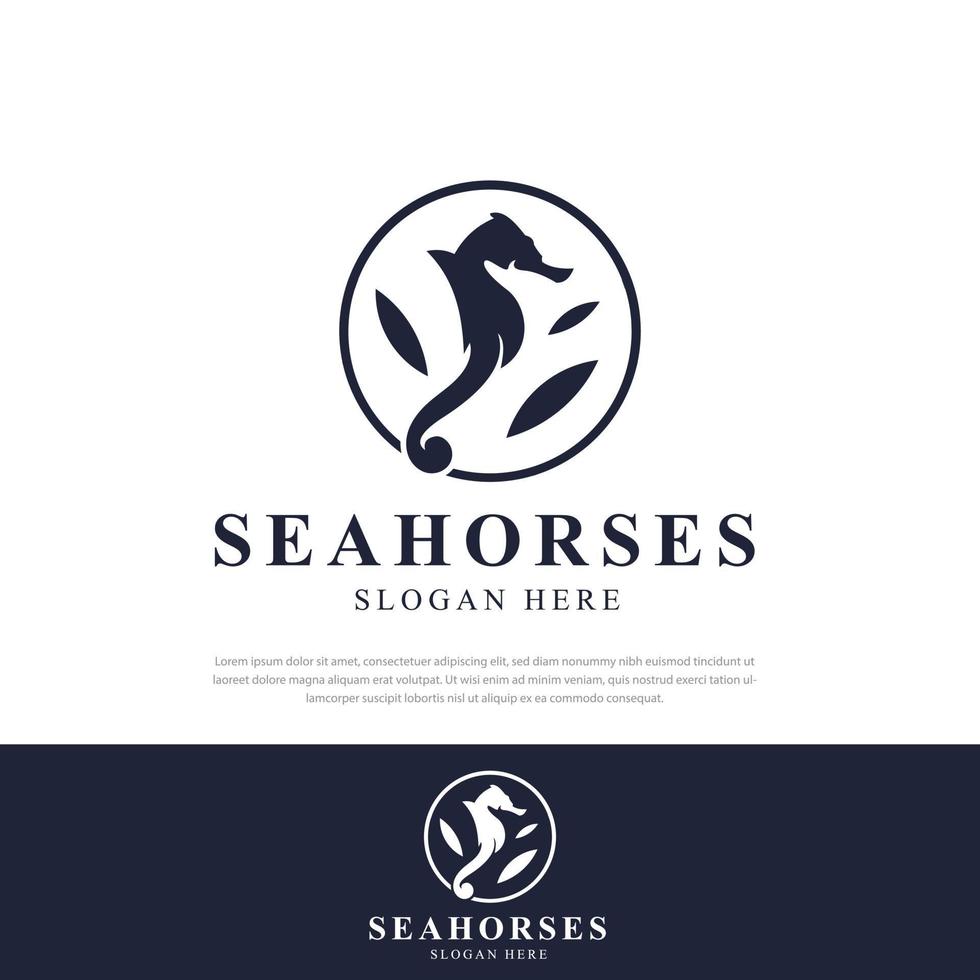 Seahorse logo in a circle of lines.Sea life silhouette illustration, symbol, icon design template vector