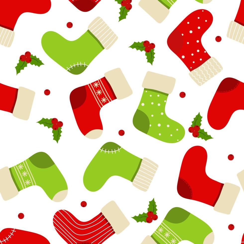 Christmas boots and mistletoe leaves with berries. Winter seamless pattern. vector