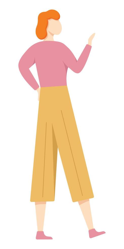 a woman with raised arms, painted in a flat style, with wavy hair and in bright clothes, a pink sweater and yellow cropped pants vector