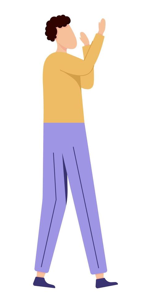 A man with his hands raised, painted in a flat style, with curly hair and bright clothes, a yellow sweater and purple pants. vector