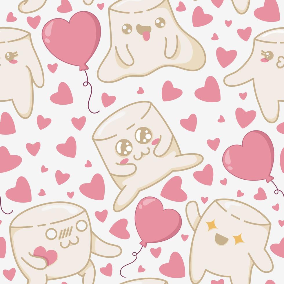 Patrón sin fisuras con malvavisco kawaii masticando un corazón de caramelo rodeado de diferentes dulces. Personajes de malvavisco kawaii en un estilo plano. vector