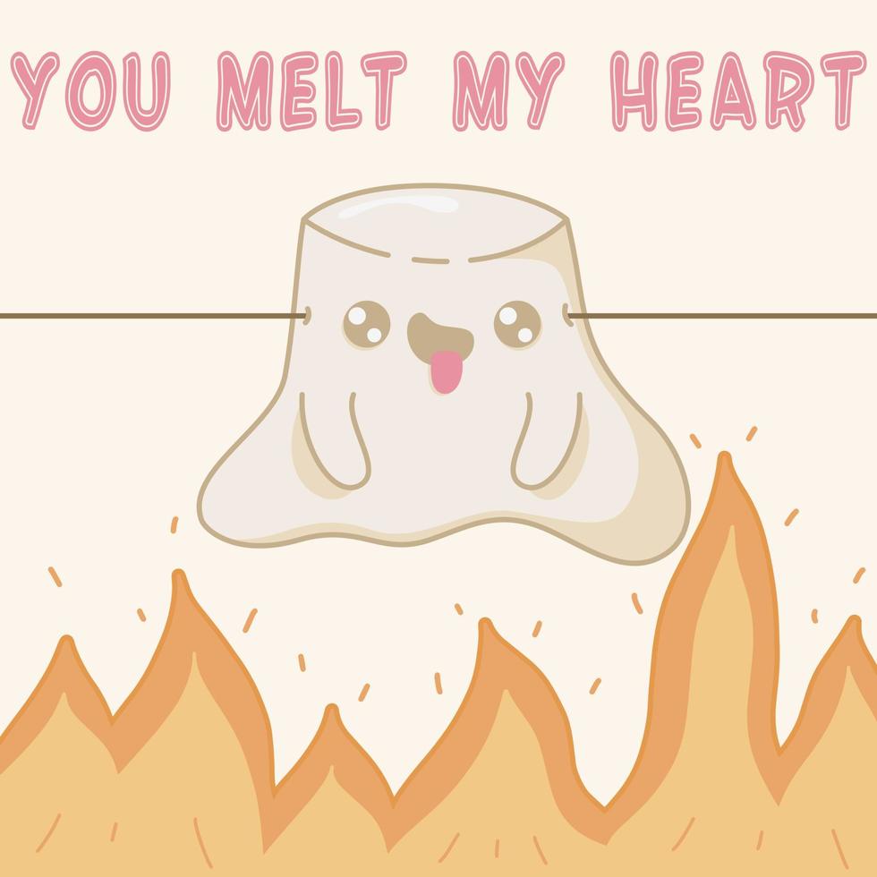 Cute kawaii marshmallow melting from his feelings over the fire. Kawaii marshmallow characters in a flat style, hand-drawn postcards to express their feelings vector