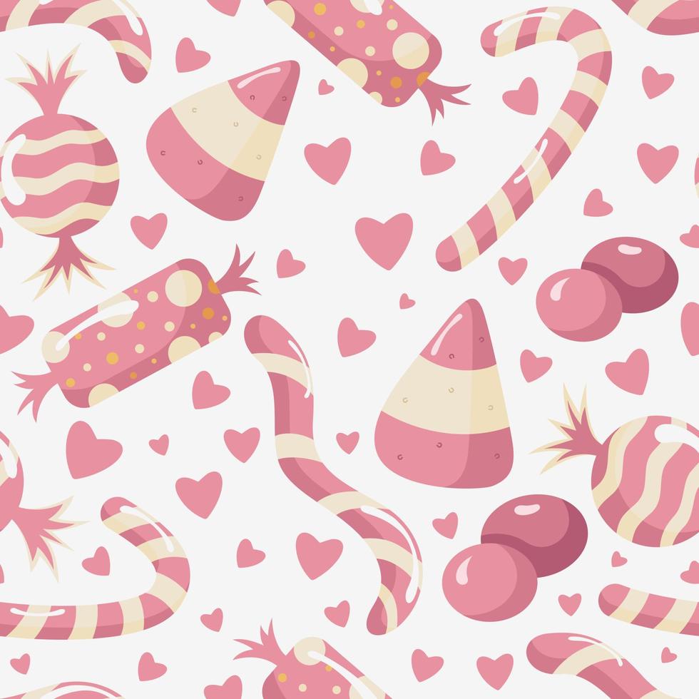 patrón sin fisuras con corazón de caramelo rodeado de diferentes dulces. patrón kawaii en un estilo plano. vector