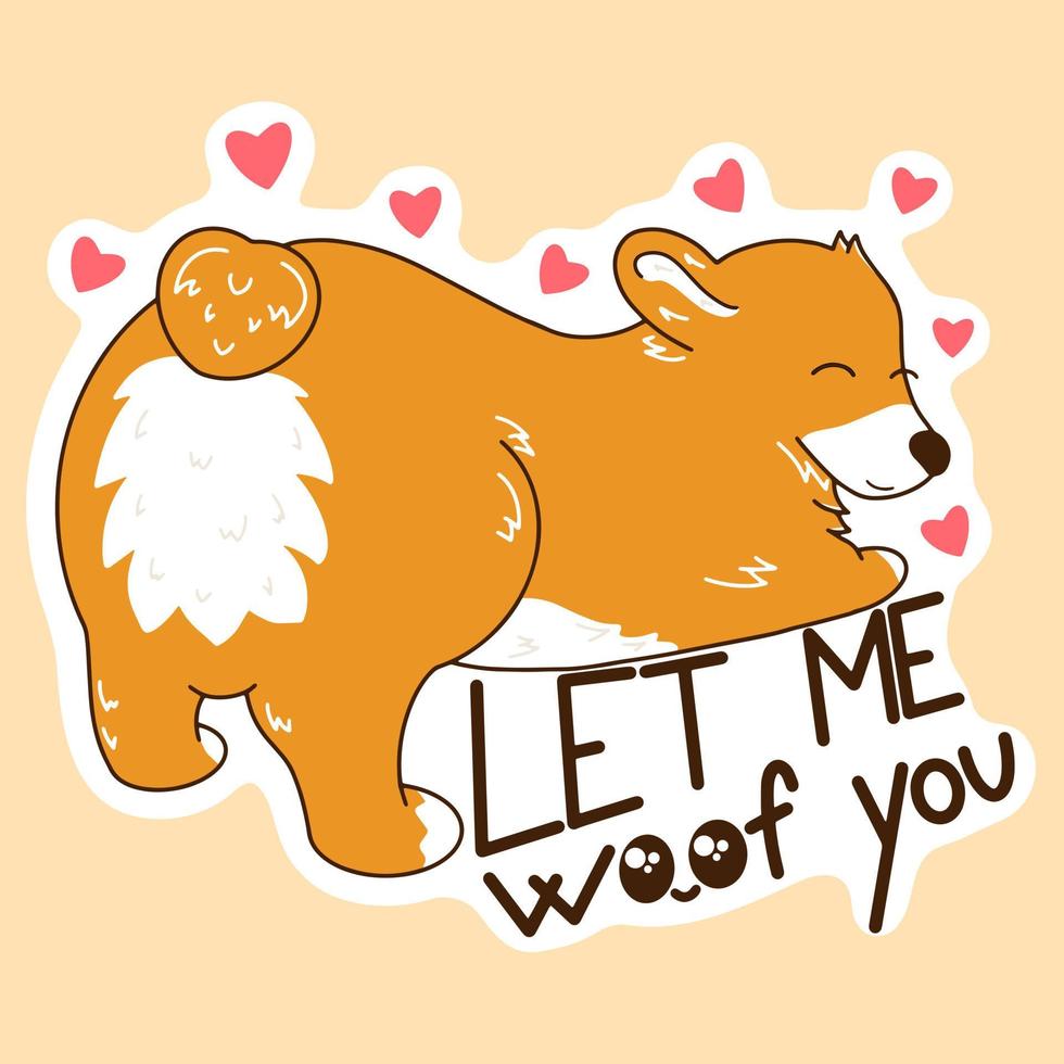 linda pegatina con un corgi convertido en un botín rodeado de corazones, una tarjeta de amor con una confesión de tus sentimientos, una ilustración en un estilo dibujado a mano vector