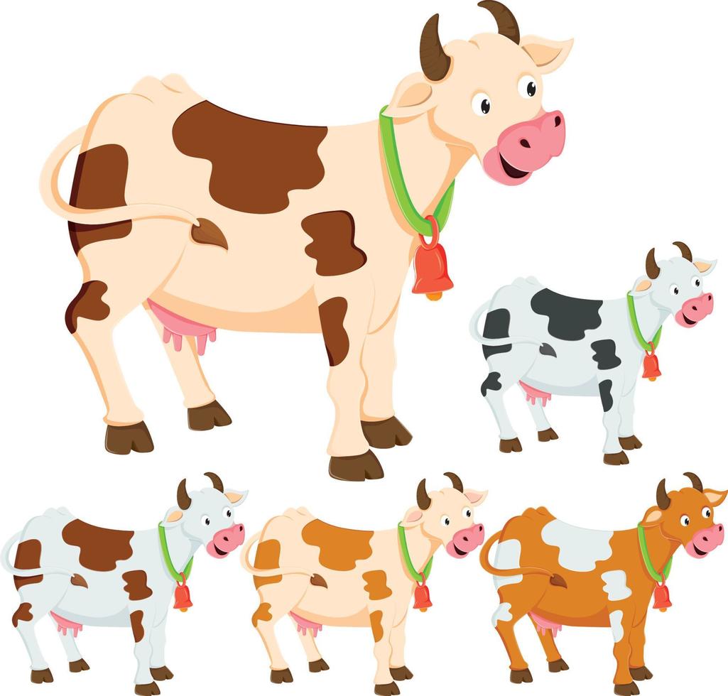 cinco lindos vectores de dibujos animados de vacas