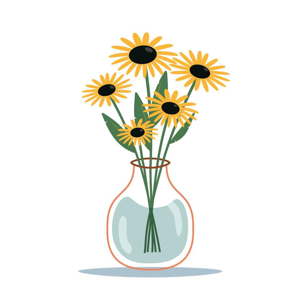 Bouquet of sunflower in glass vase. Blooming flowers for interior design. Vector illustration.