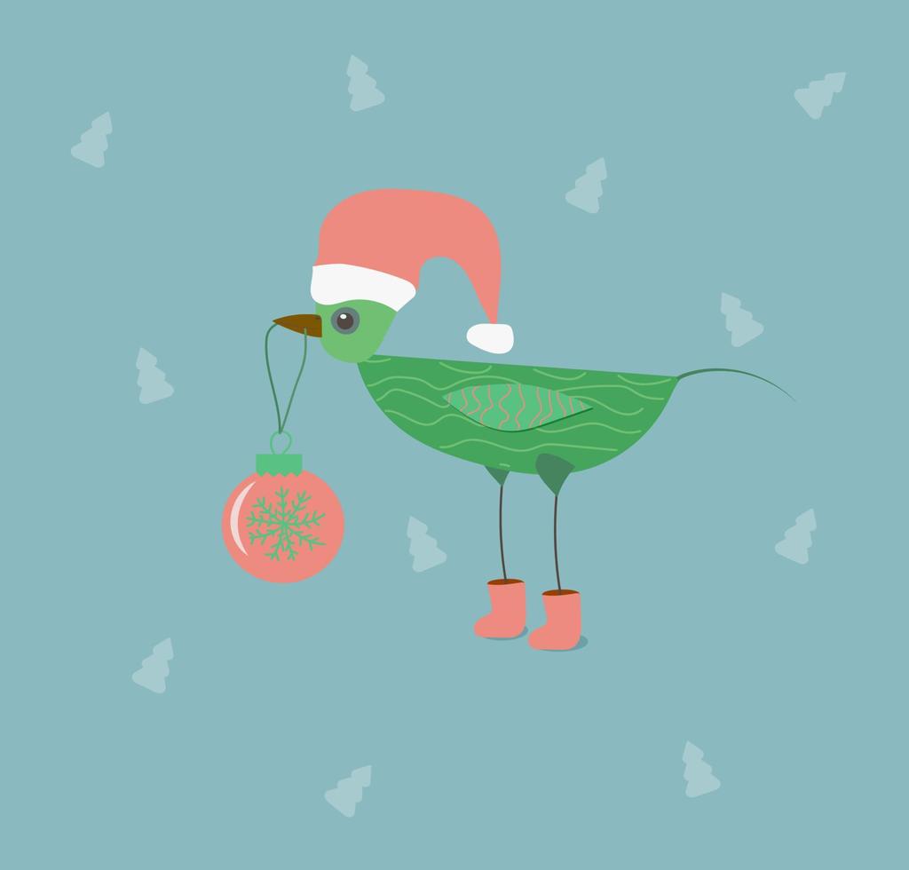 Dibujado pájaro inusual verde con un sombrero de santa claus y botas con una bola rosa en su pico sobre un fondo azul con árboles de Navidad vector