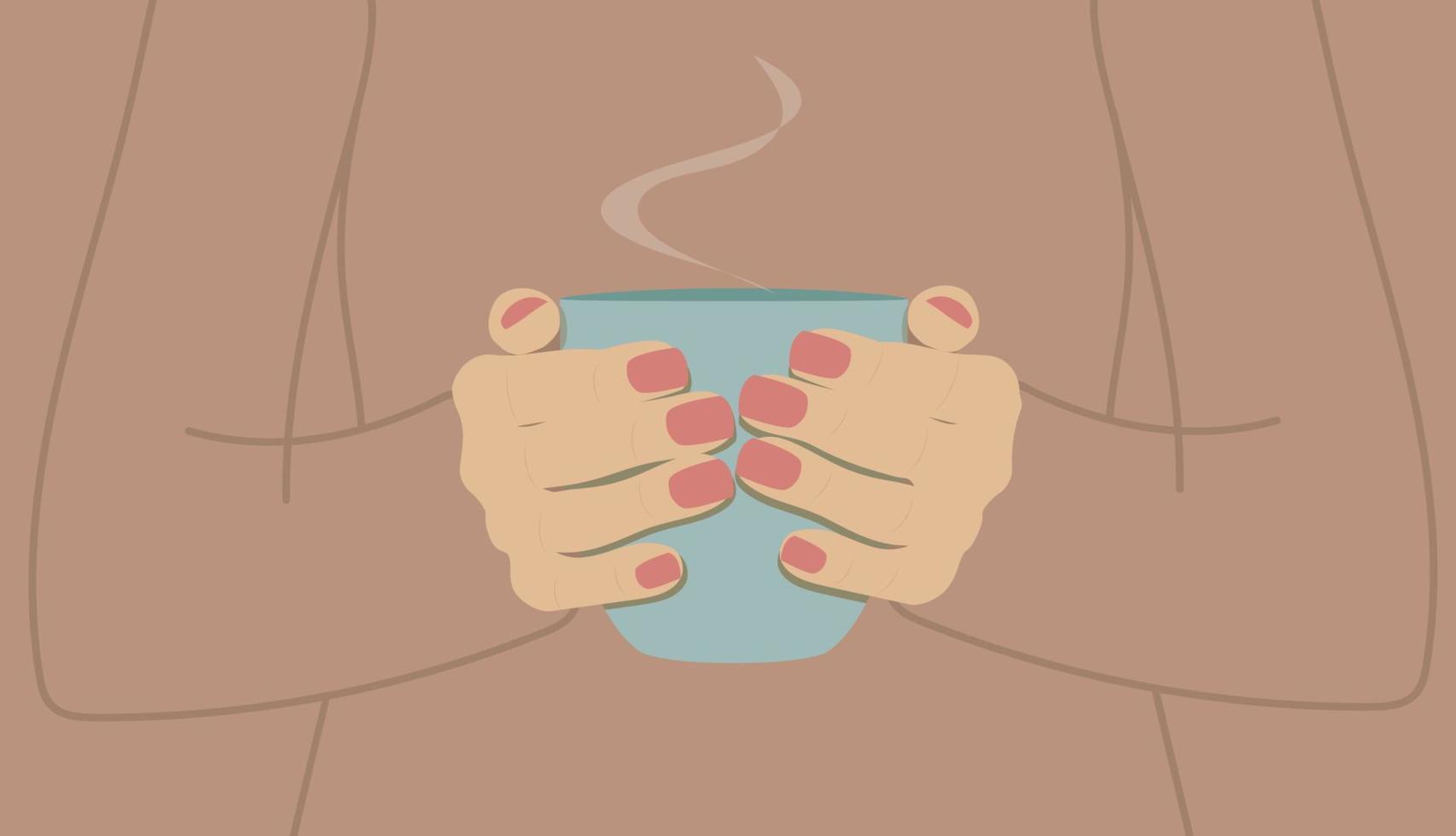 blue cup of hot tea in female hands on a light brown background vector