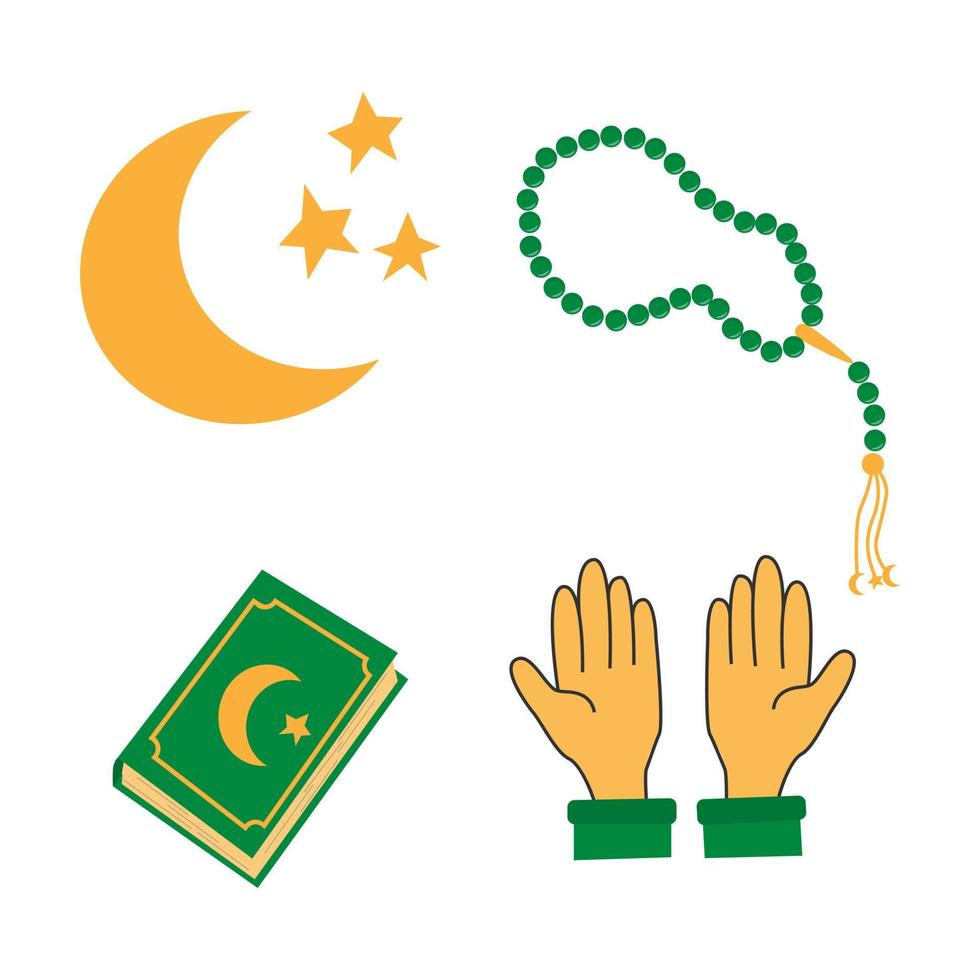 Set of holy Ramadan Kareem elements koran pray hands moon and praing beads Muslim festival Ramazan vector