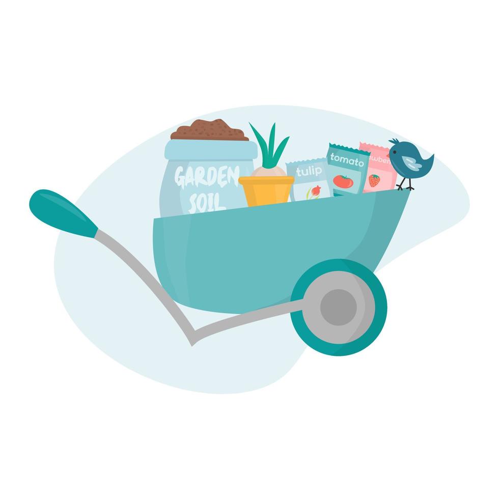 Cute gardening  Wheelbarrow with pot plant seeds garden soil and bird Spring flat vector illustration