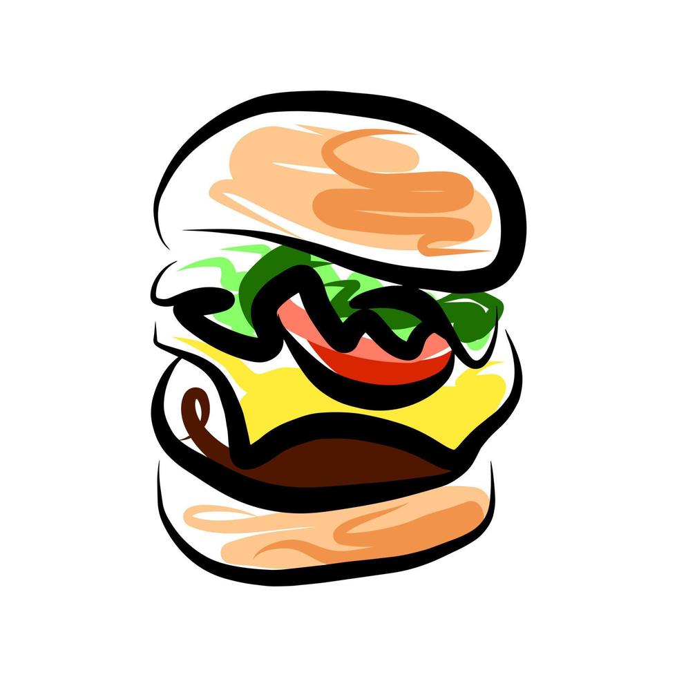 comida rápida, hamburguesa, colorido, aislado, icono, garabato, mano, dibujado, bosquejo, paquete, diseño, impresión vector