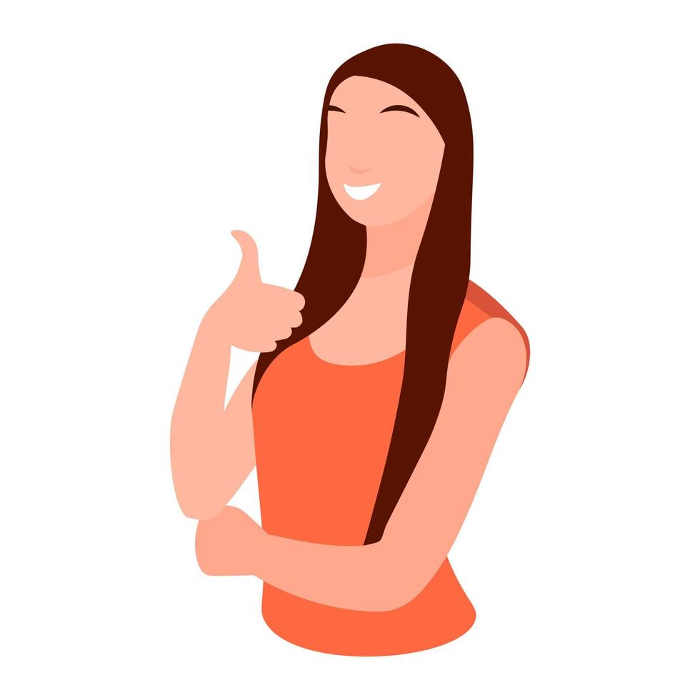 como gesto dedo hacia arriba mujer personaje estilo plano ilustración super positivo alegre cara sonriente aislado en blanco vector