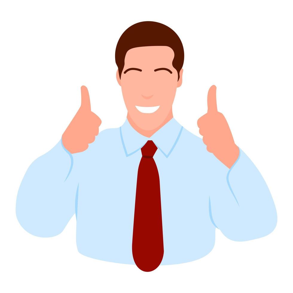 hombre personaje aislado en blanco plano colorido avatar gesto mano signo dedo fresco arriba como icono sonriente cara alegre vector