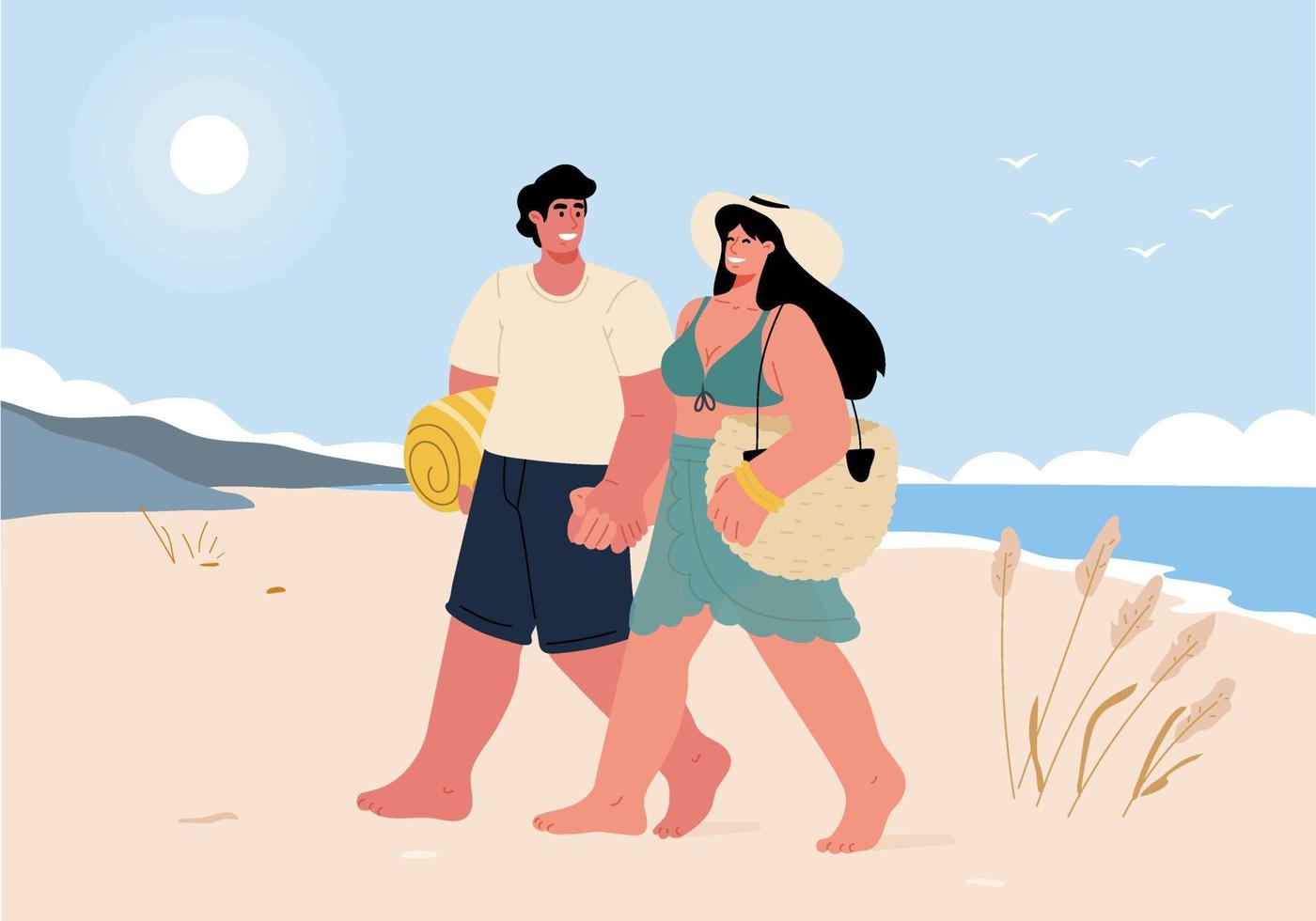 viaje romántico para una pareja enamorada, caminando por la playa y tomados de la mano. pareja de vacaciones. vector