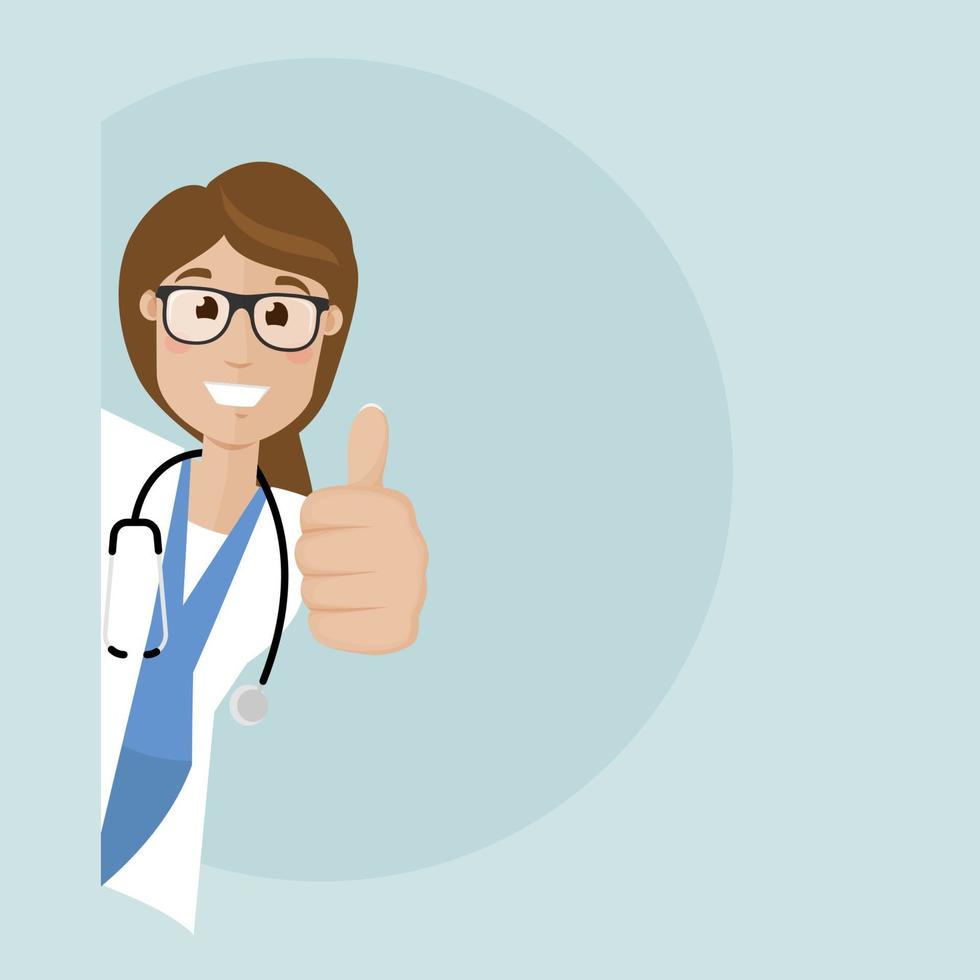 The female doctor peeks around the corner and  show hand with thumb up. Vector flat illustration.