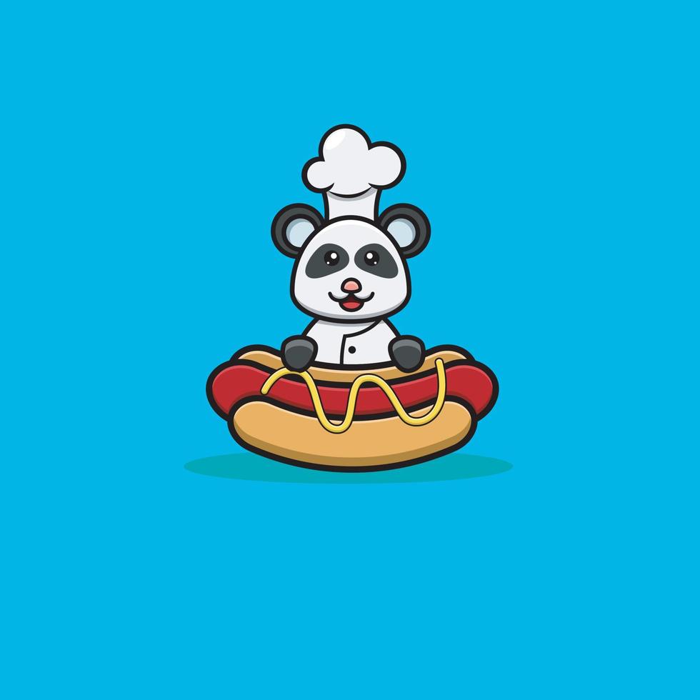 Cute Baby Chef Panda On Hot Dog. Character, Logo, Icon And Inspiration Design. vector
