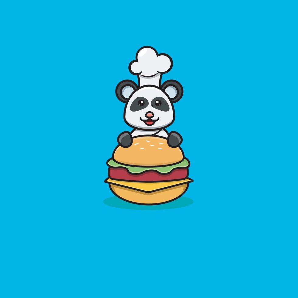 Cute Baby Chef Panda On Burger. Character, Logo, Icon And Inspiration Design. vector