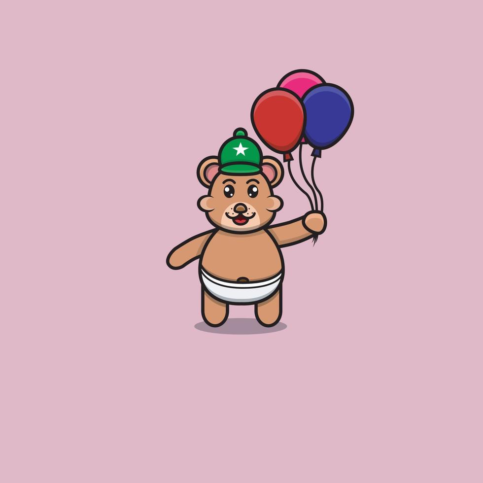 Cute Baby Bear Bring Balloons. Character, Logo, Icon, Cartoon And Inspiration Design. vector