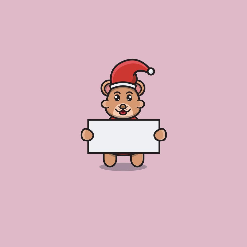 lindo bebé oso con traje de santa y traer pancarta de espacio en blanco. diseño de personajes, logotipos, íconos, dibujos animados e inspiración. vector