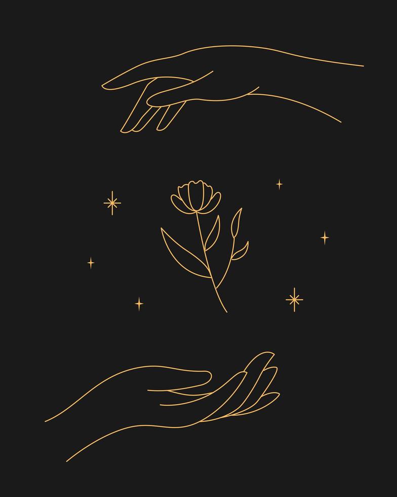 Magic sparkling twigs in hand. contour esoteric elegant illustration. vector