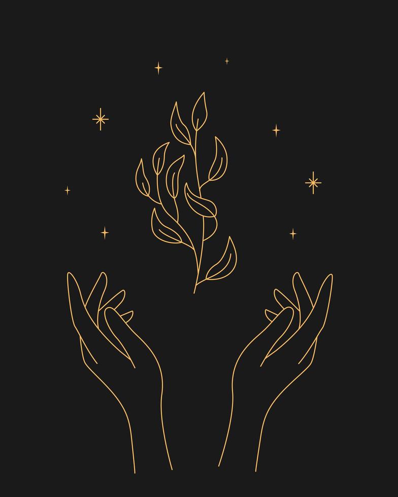 Magic sparkling twigs in hand. contour esoteric elegant illustration. vector