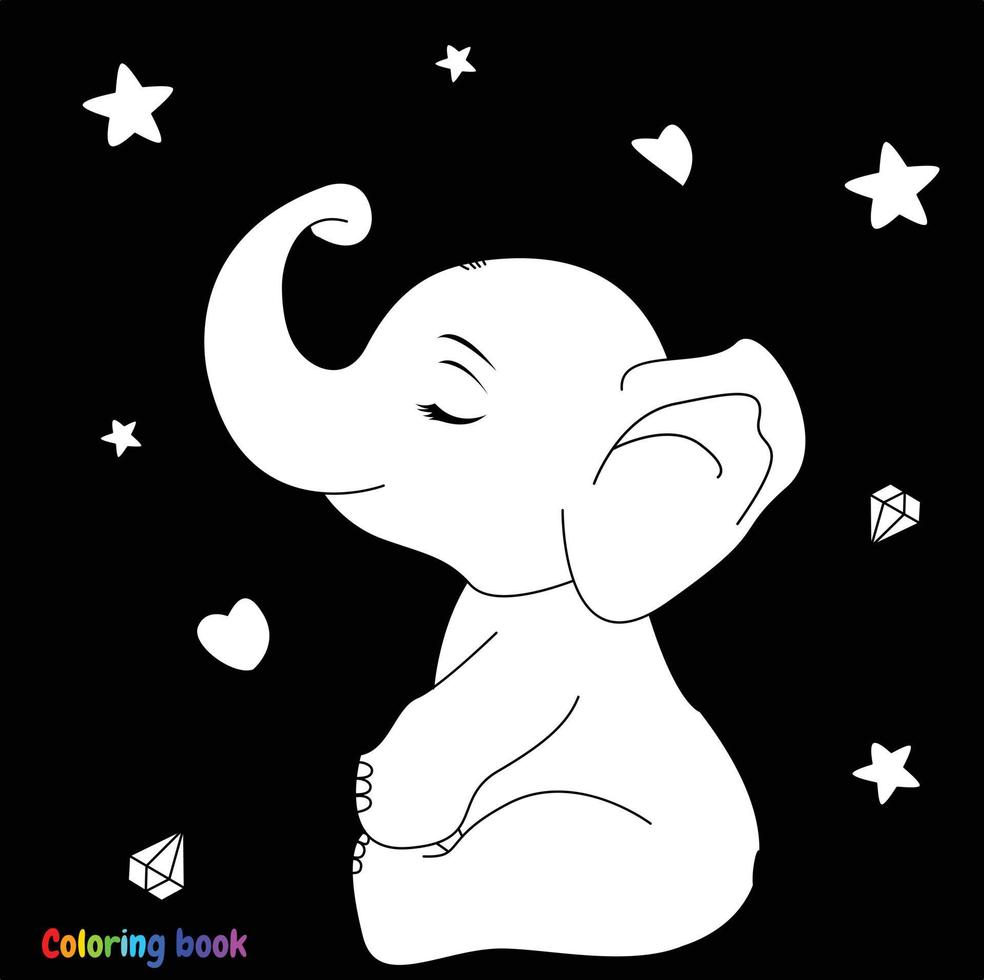 cute cartoon sit elephant. Black and white vector illustration for coloring book