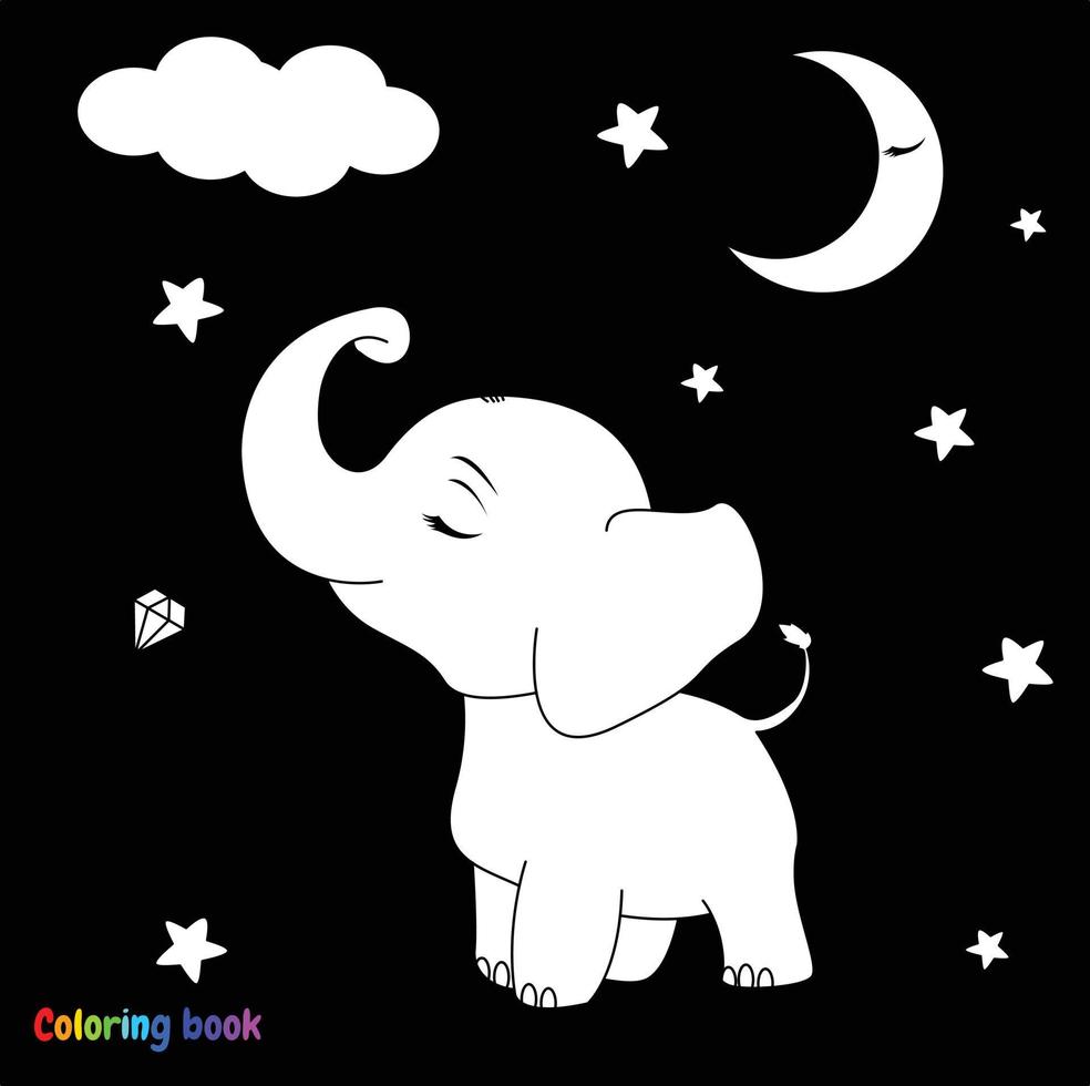 cute cartoon baby elephant reach for star . Black and white vector illustration for coloring book