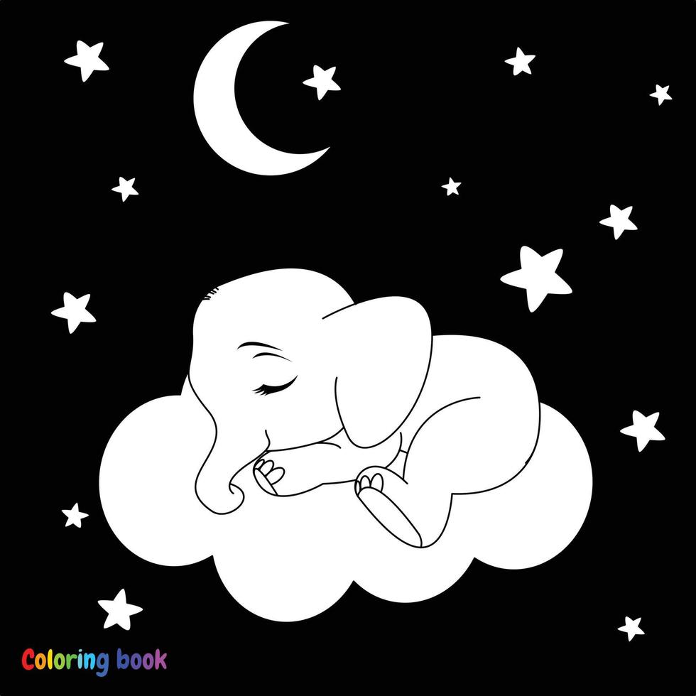 cute cartoon baby elephant sleeping on the cloud . Black and white vector illustration for coloring book