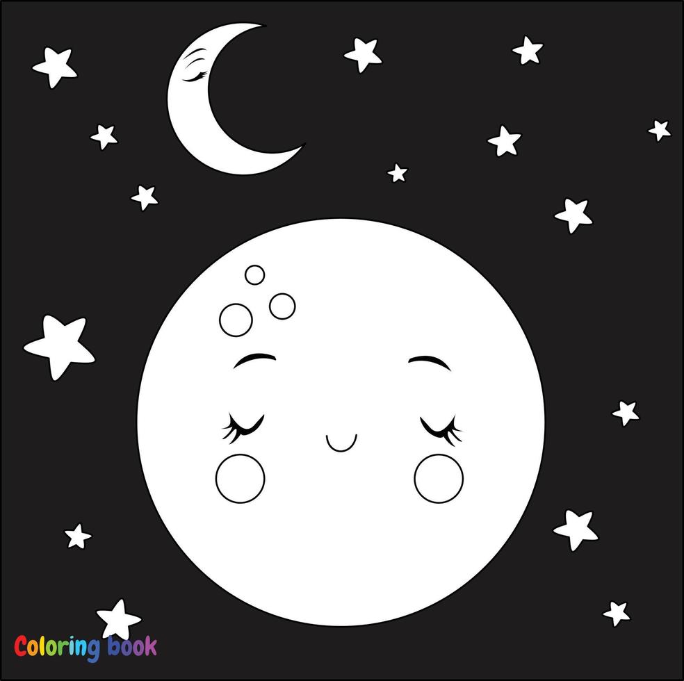 cute cartoon moon and star on the space . Black and white vector illustration for coloring book