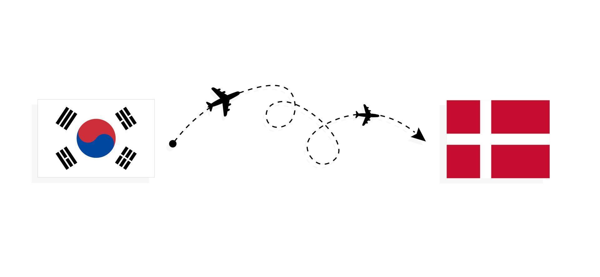 vuelo y viaje desde corea del sur a dinamarca en avión de pasajeros concepto de viaje vector