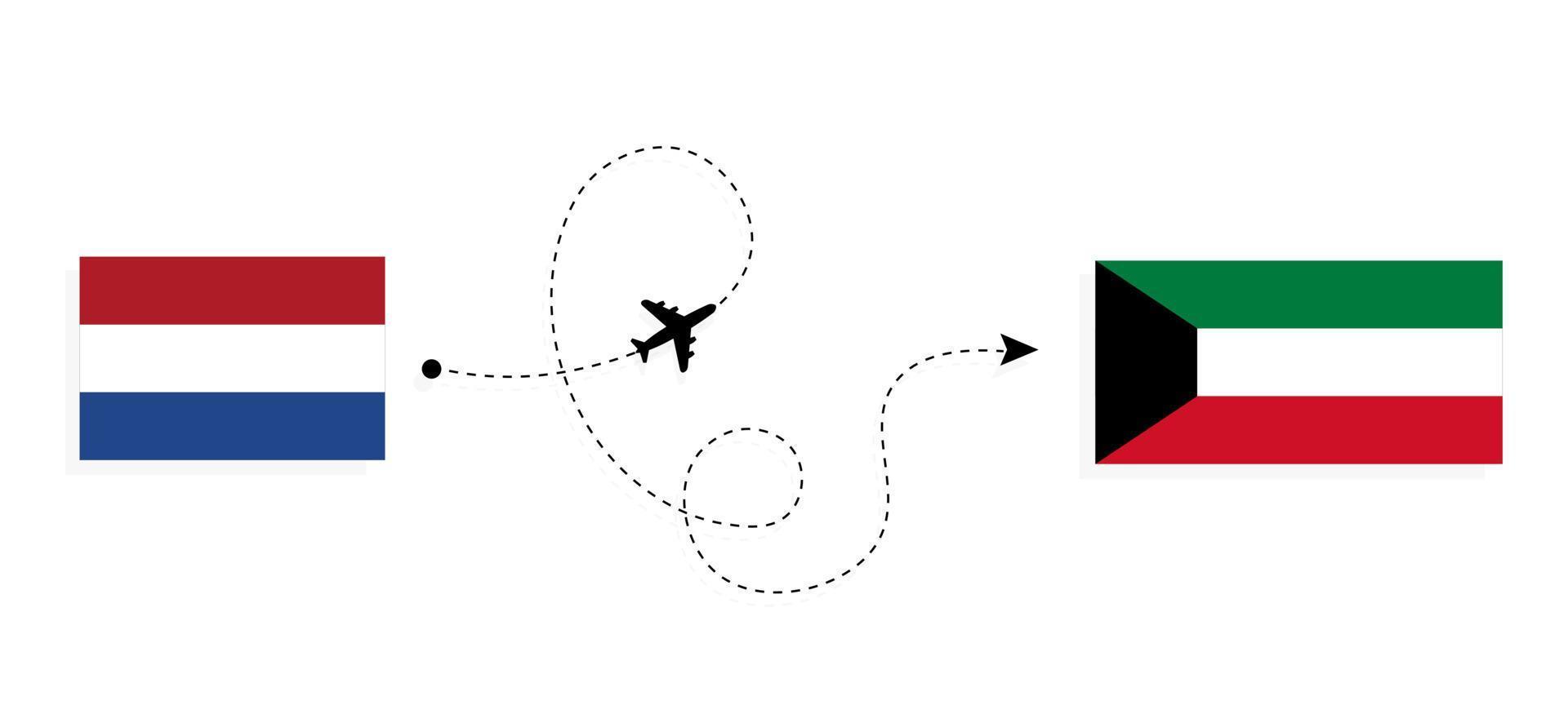 vuelo y viaje desde países bajos a kuwait en avión de pasajeros concepto de viaje vector