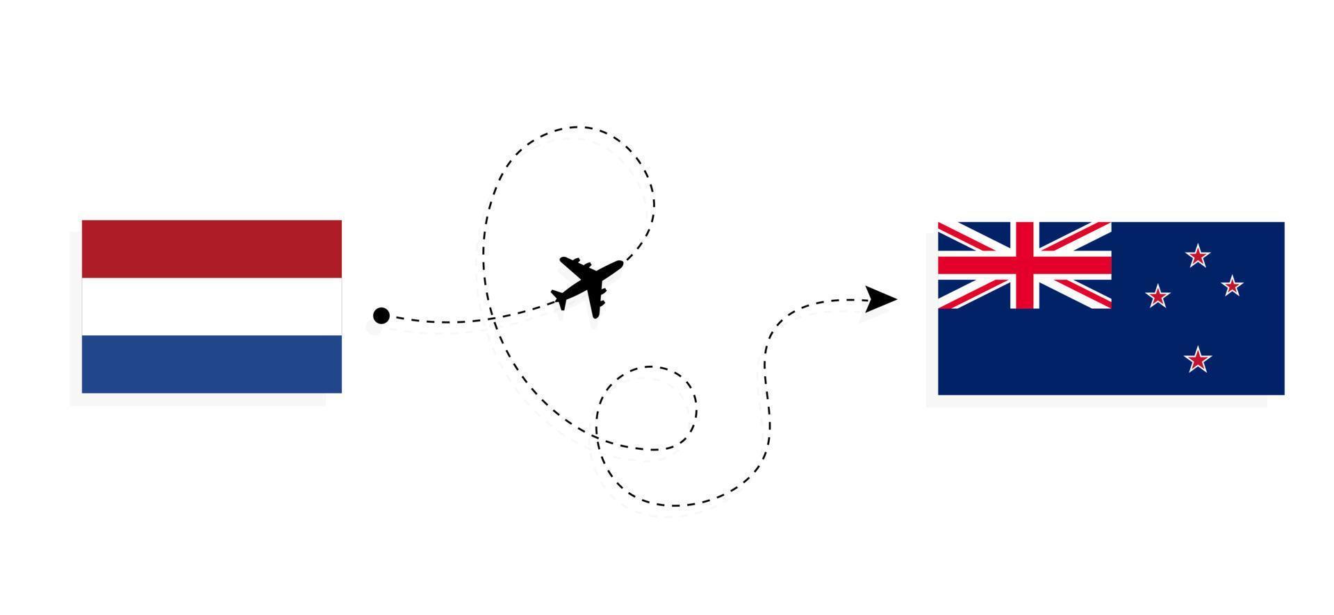 vuelo y viaje desde países bajos a nueva zelanda en avión de pasajeros concepto de viaje vector