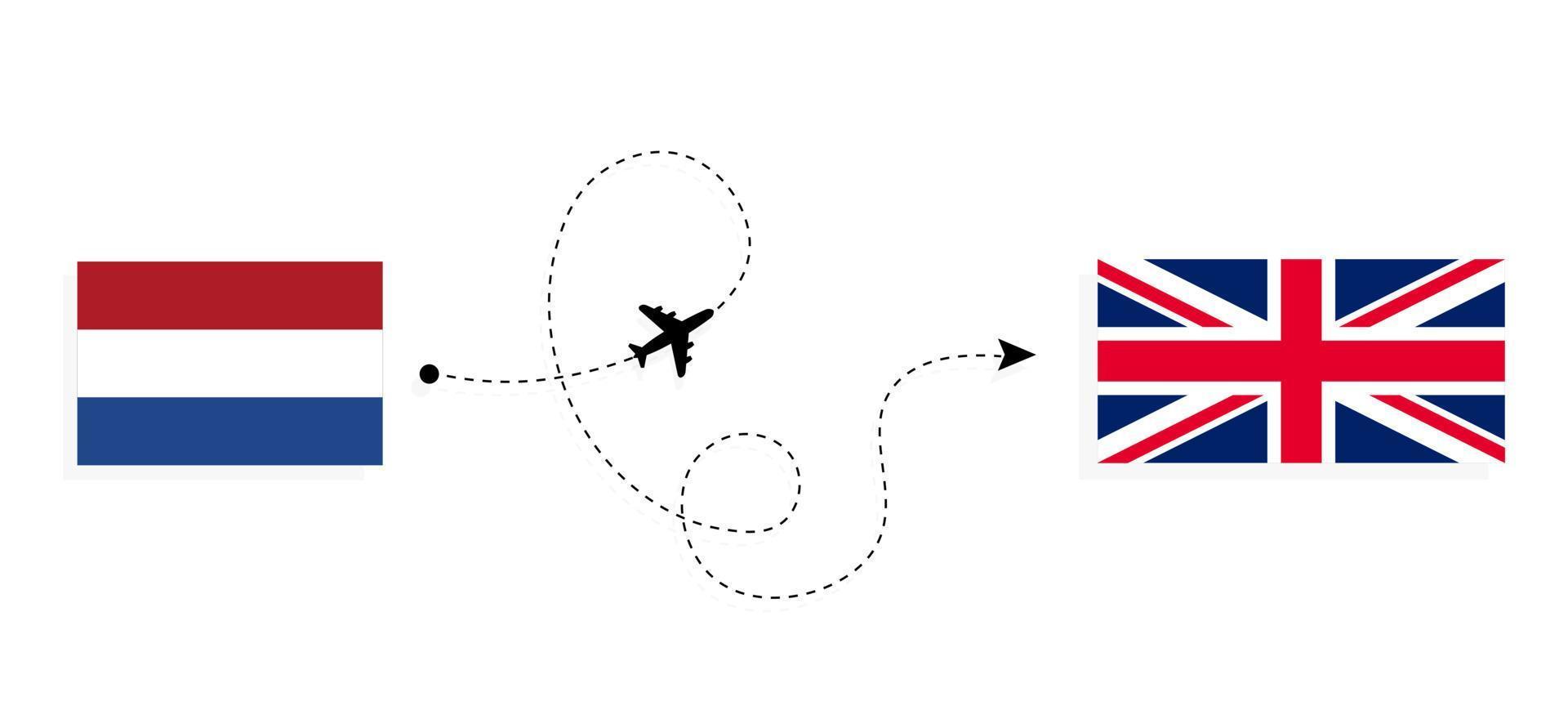 vuelo y viaje desde países bajos al reino unido de gran bretaña en avión de pasajeros concepto de viaje vector