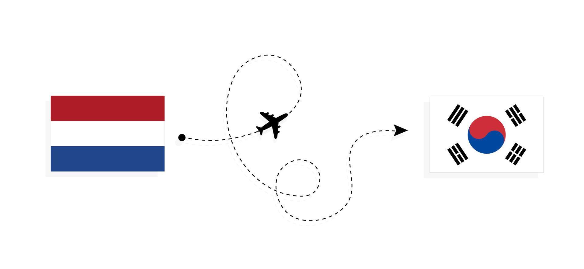 vuelo y viaje desde países bajos a corea del sur en avión de pasajeros concepto de viaje vector