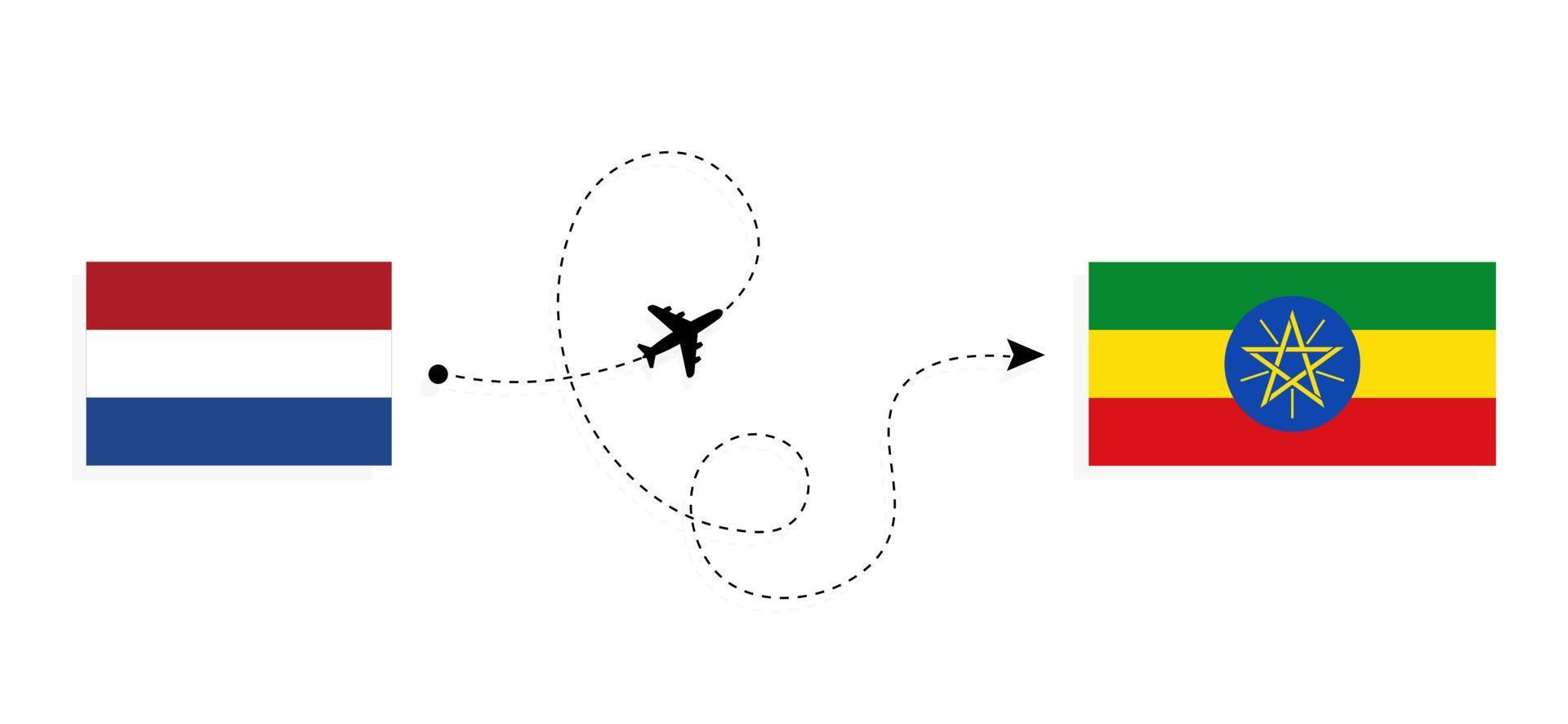 vuelo y viaje desde países bajos a etiopía en avión de pasajeros concepto de viaje vector