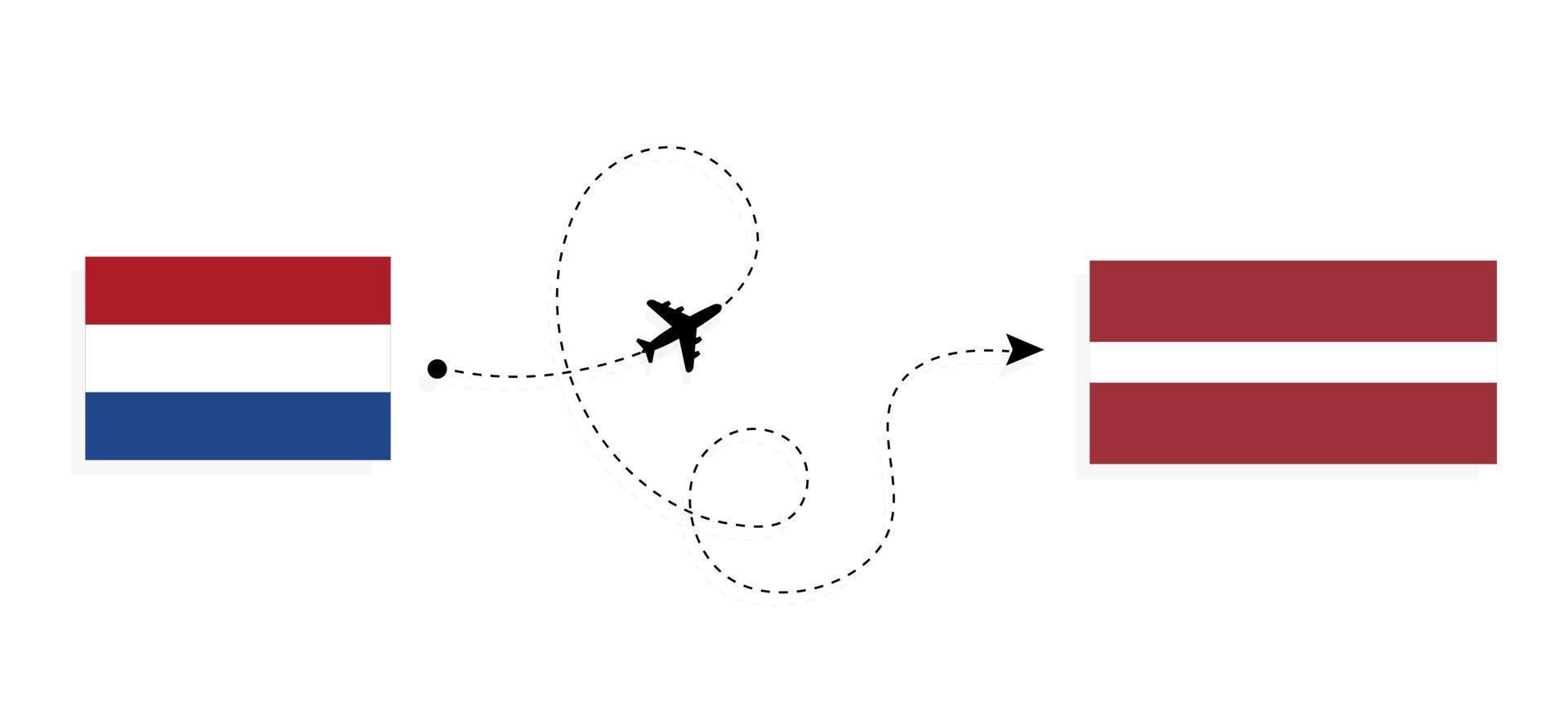 vuelo y viaje desde países bajos a letonia en avión de pasajeros concepto de viaje vector