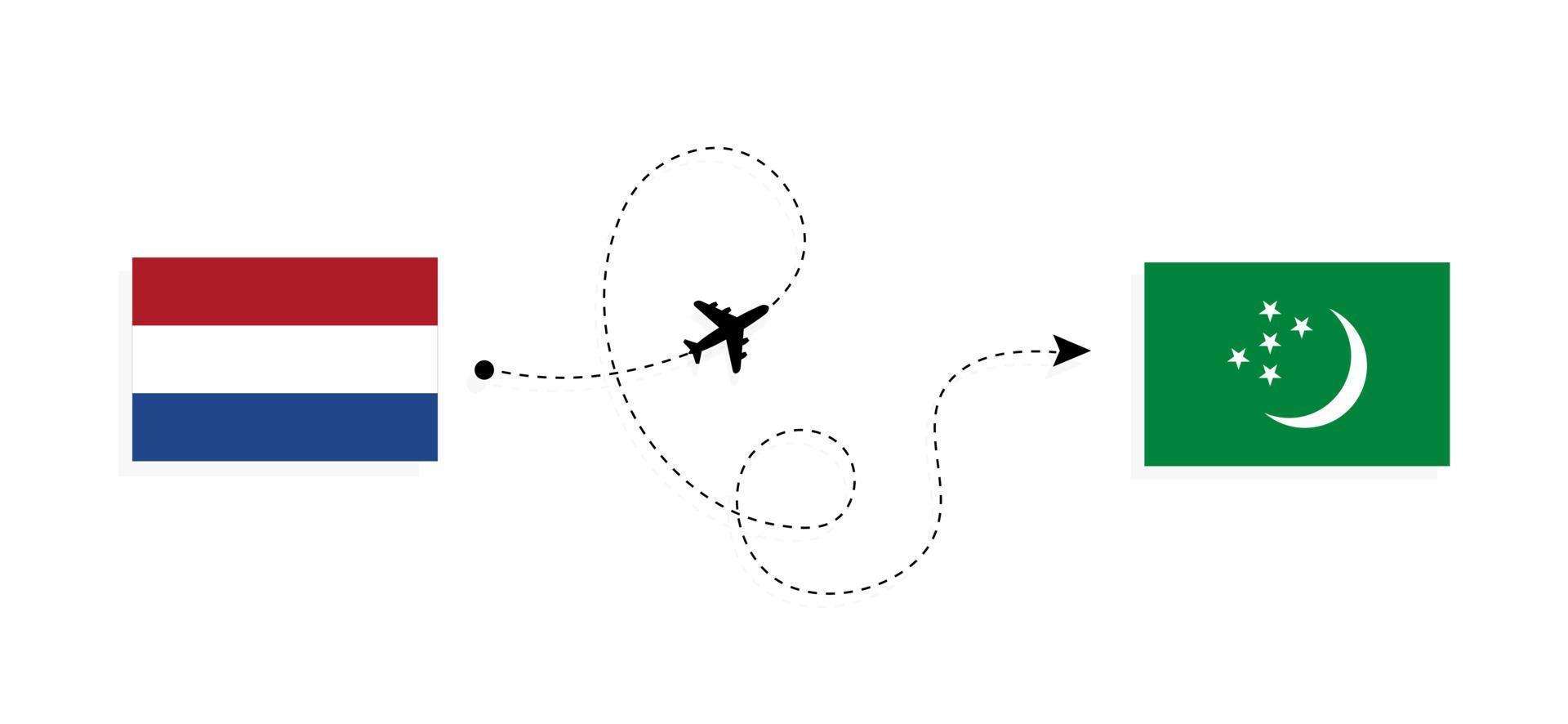 vuelo y viaje desde países bajos a turkmenistán en avión de pasajeros concepto de viaje vector